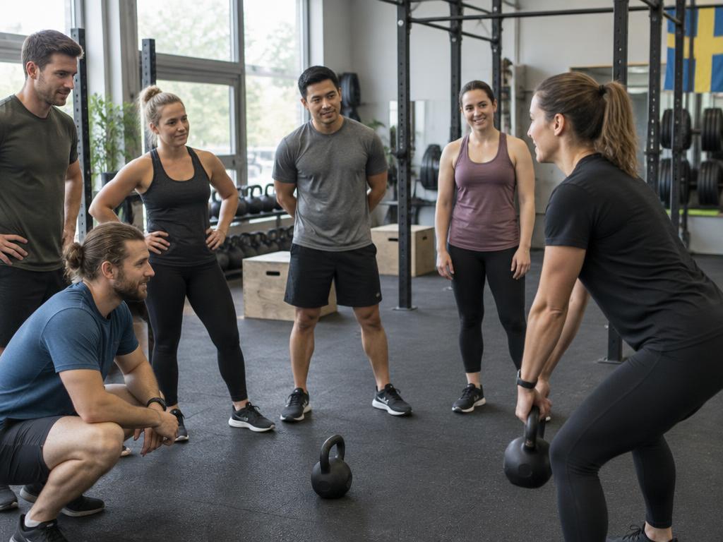 En coach och medlemmar i ett funktionellt gym